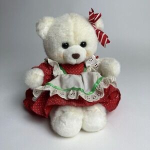 8" Russ Caress‎ "Huggums" WHITE BEAR Christmas Dress plush stuffed Christmas T26